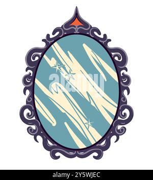 Specchio per strega nero vettoriale. Simbolo occulto in stile piatto. Oggetto fiabesco per divinazione e rivelazione di segreti. Elemento di design vintage Halloween. Illustrazione Vettoriale