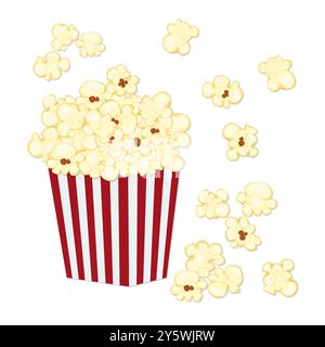 Illustrazione vettoriale di popcorn confezionati in una ciotola, in stile cartoni animati, isolati su sfondo blu per film, cinema, cibo, teatro e design. Illustrazione Vettoriale