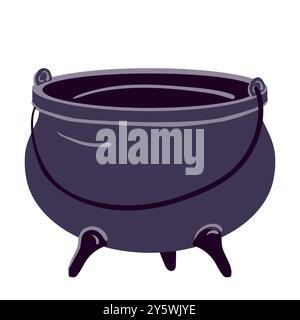 Calderone medievale in ferro d'epoca su sfondo bianco. Svuotare il vaso nero per magia o stregoneria. Illustrazione vettoriale. Attributo per Halloween isolato su Illustrazione Vettoriale