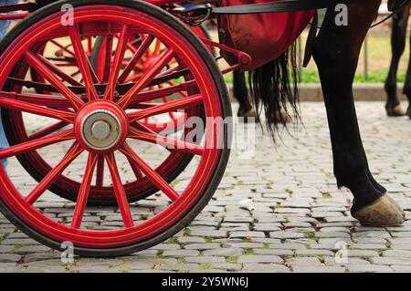 Primo piano di una carrozza rossa e delle gambe di cavallo su una strada acciottolata Foto Stock