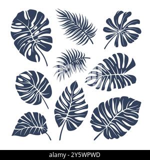 Set di forme di foglie tropicali vettoriali isolate. Sagome di rami e foglie di piante tropicali. Illustrazione Vettoriale