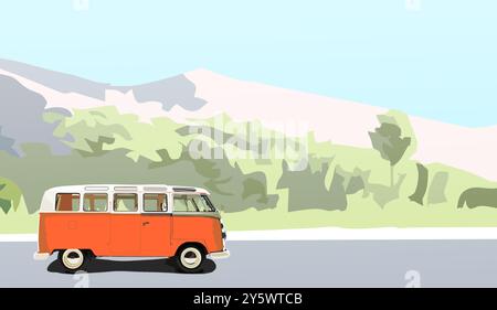 Illustrazione orizzontale di un minivan in stile anni '60 che viaggia su una strada con un paesaggio di montagna come sfondo Foto Stock