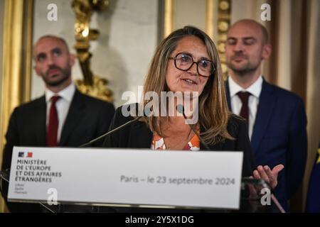 Parigi, Francia. 23 settembre 2024. Sophie Primas, recentemente nominata Ministro delegato francese per l'Europa, tiene un discorso durante la cerimonia di consegna presso il Ministero degli affari esteri ed europei a Parigi, il 23 settembre 2024. Foto di Firas Abdullah/ABACAPRESS. COM credito: Abaca Press/Alamy Live News Foto Stock