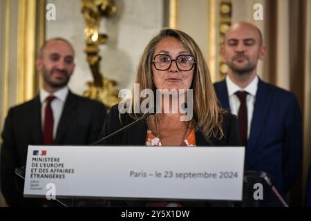 Parigi, Francia. 23 settembre 2024. Sophie Primas, recentemente nominata Ministro delegato francese per l'Europa, tiene un discorso durante la cerimonia di consegna presso il Ministero degli affari esteri ed europei a Parigi, il 23 settembre 2024. Foto di Firas Abdullah/ABACAPRESS. COM credito: Abaca Press/Alamy Live News Foto Stock