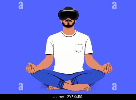 Uomo che medita in una posizione a gambe incrociate indossando un visore per la realtà virtuale su sfondo blu. Foto Stock
