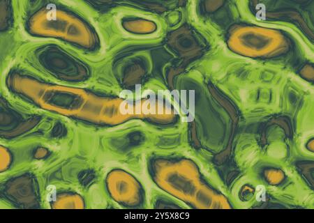 Pittura fluida astratta verde e arancione con motivi e forme vorticose. Foto Stock