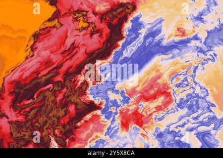 Pittura astratta con motivi vorticosi in vivaci sfumature di rosso, arancione, blu e bianco. Foto Stock