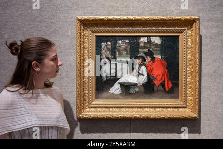 Bonhams, Londra, Regno Unito. 23 settembre 2024. La vendita di opere d'arte inglesi e impressioniste del XIX secolo si svolge a Bonhams il 25 settembre. Le attrazioni principali includono: James Jacques Joseph Tissot (francese, 1836-1902). Un Tryst al Riverside Café, stimate £ 120.000-180.000. Crediti: Malcolm Park/Alamy Live News Foto Stock