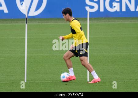 Dortmund, Germania. 23 settembre 2024. Calcio: Bundesliga, allenamento Borussia Dortmund: Gio Reyna si allena. Credito: Bernd Thissen/dpa - NOTA IMPORTANTE: In conformità con le normative della DFL German Football League e della DFB German Football Association, è vietato utilizzare o far utilizzare fotografie scattate nello stadio e/o della partita sotto forma di immagini sequenziali e/o serie di foto video./dpa/Alamy Live News Foto Stock