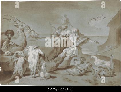 Anonimo / "Noè e gli animali che entrano nell'arca". XVIII secolo. Lavaggio marrone-grigio, piombo bianco, matita su carta verde. Museo: Museo del Prado, Madrid, España. Foto Stock