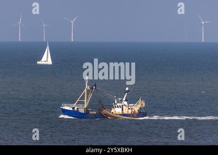 Una barca da pesca con dragnet sollevate opera nel Mare del Nord vicino a Egmond aan Zee, con turbine eoliche offshore sullo sfondo. Uno yacht passa Foto Stock