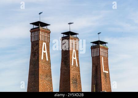 L'affumicatoio di pesce di Föh con le sue tre torri è un punto di riferimento di KappelnKirchstraße, Kappeln, Schleswig-Holstein, Germania Foto Stock