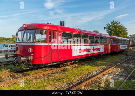 Vecchi vagoni ferroviari degli anni '1960 con pubblicità Doornkaat, una specialità alcolica della Frisia orientale. Museo stazione ferroviaria con i vecchi cartelli, treni e vagoni ferroviari am Südhafen, Kappeln, Schleswig-Holstein, Schleswig-Holstein, Germania Foto Stock
