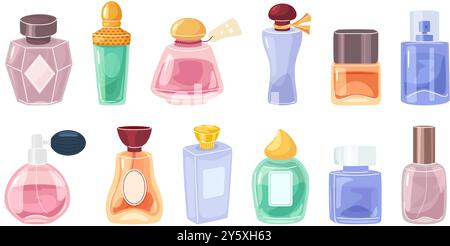 Bottiglie di profumo per cartoni animati. Acqua aromatica, essenze fragranti confezioni di bottiglie di vetro e colonia di lusso. Pompe per fragranze e irroratrici vettoriali isolate Illustrazione Vettoriale