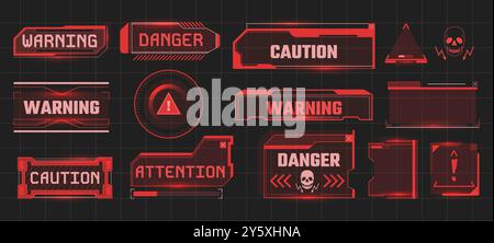 Badge di pericolo informatico. Messaggio di avvertimento futuristico, avviso di attenzione nel frame tecnologico digitale e attenzione del sistema con interfaccia utente vettoriale hud cyberpunk Illustrazione Vettoriale