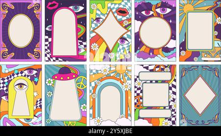 Cornici psichedeliche retrò. Post di storia sui social media astratti e goffi o cornice fotografica pop art anni '70 con bordi bohémien. Modelli di atmosfera nostalgica felici Illustrazione Vettoriale