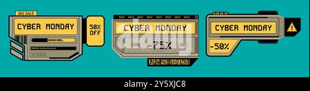 Etichette di vendita del Cyber monday. Offerte futuristiche, etichette di sconto e etichette promozionali a tema tecnologia digitale. Promozioni di shopping online dall'estetica cyberpunk Illustrazione Vettoriale
