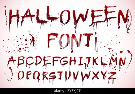 Font sangue di Halloween. Alfabeto spaventoso, testo sanguinoso con macchie e gocce raccapriccianti. Lettere grunge colapen a tema horror Illustrazione Vettoriale