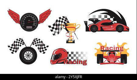 Emblema Race. Tachimetro con ali, auto da corsa e casco, pneumatico veloce e adesivo trofeo con bandiera a scacchi. Decalcomanie sportive automatiche vettore isolato Illustrazione Vettoriale