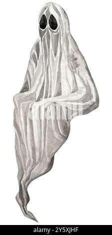 Illustrazione fantasma vintage color crema acquerello. Acquerello disegnato a mano, simbolo di Halloween. Foto Stock