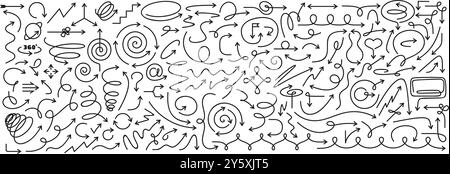 Frecce con linee sottili. Frecce con direzione disegnate a mano, vortici curvati, cornici di puntamento, zigzag, loop di turbolenza e puntatori di curve ondulate per un'infografica Illustrazione Vettoriale