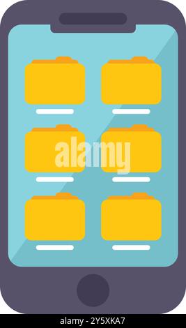Lo smartphone mostra l'applicazione di gestione file con cartelle per la gestione dei file, uno smartphone moderno con software per l'organizzazione dei documenti Illustrazione Vettoriale