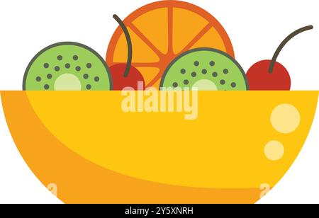 La ciotola gialla trabocca di kiwi, arancia e ciliegie a fette su sfondo bianco Illustrazione Vettoriale