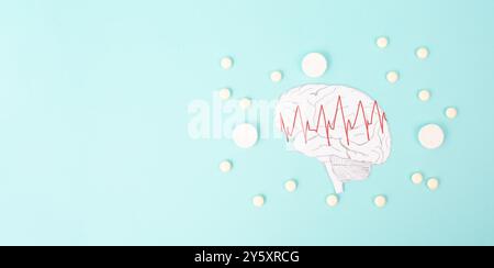 Cervello con pillole, trombosi venosa cerebrale, morbo di Parkinson, demenza da disturbo mentale, adhd, scansione, RM o TC Foto Stock