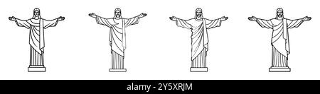 Il Cristo Redentore delinea le icone. Silhouette nera della statua del Cristo Redentore, un famoso punto di riferimento di Rio de Janeiro, Brasile. Illu vettoriale Illustrazione Vettoriale