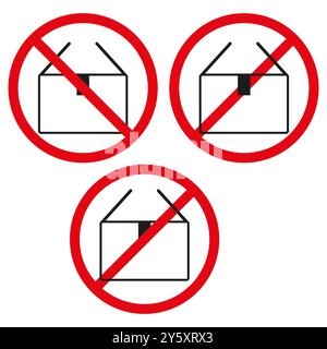 Nessuna icona di imballaggio. Cartelli rossi barrati. Simboli della scatola di spedizione. Grafica vettoriale vietata. Illustrazione Vettoriale
