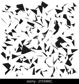Schema triangolare astratto. Forme geometriche caotiche. Design a dispersione casuale. Vettore bianco e nero. Illustrazione Vettoriale