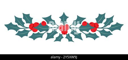 Filiale Vector holly per decorazioni natalizie come inviti, biglietti d'auguri, promozioni scontate, banner, poster e modelli. Vettore cartoni animati piatto Illustrazione Vettoriale