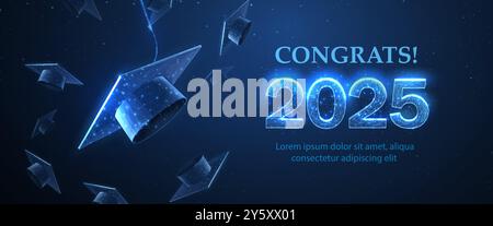 Tappi graduati in aria su blu. Studente laureato, celebrazione della laurea Illustrazione Vettoriale