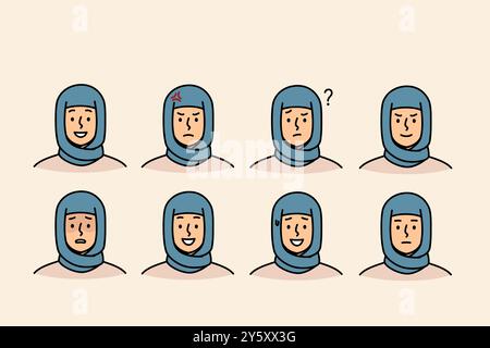 La donna in hijab dimostra emozioni e stati d'animo diversi rendendo triste o felice la tristezza. Set di ragazze in velo islamico con varie emozioni causate da pensieri positivi o negativi Illustrazione Vettoriale