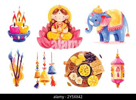 Set clipart Diwali. Illustrazione in acquerello dei simboli e dei caratteri Diwali per il design. Ganesha, diya, loto, Diwali mithai, dolci, marigold garland Illustrazione Vettoriale