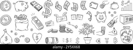 Soldi di Doodle. Banconote e monete, sacchetti, carte di credito, salvadanaio e simboli di valuta. Risparmio finanziario, cashback e icone bancarie disegnate a mano Illustrazione Vettoriale