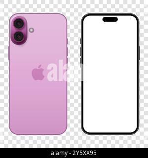 IPhone 16 Mockup rosa. Illustrazione vettoriale realistica su sfondo trasparente Illustrazione Vettoriale