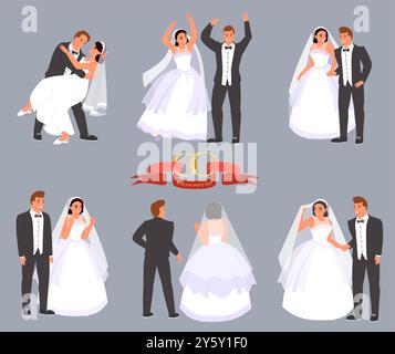 Sposa e sposo hanno appena sposato una coppia in posa diversa Illustrazione Vettoriale