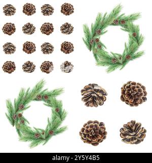 Corona di pino e coni di pino, set di elementi di design vegetale dipinti a mano in acquerello, isolati su bianco. Illustrazione di alta qualità perfetta per carte e tessuti Foto Stock