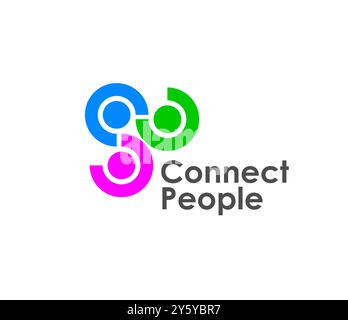 Icona Connetti le persone che rappresenta connettività e unità. Emblema vettoriale con forme circolari interconnesse in blu, verde e rosa, simboleggia il lavoro di squadra, la collaborazione, l'unione, cooperazione Illustrazione Vettoriale