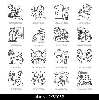 Problemi di psicologia, icone della fobia umana, segni di contorno del vettore di salute mentale. Musofobia, pirofobia e thanatophobia, traumatofobia, tripanofobia e radiofobia, nyctofobia e toxipfobia Illustrazione Vettoriale