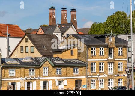 La casa di affumicatura di pesce di Föh con le sue tre torri è un punto di riferimento di KappelnAm Hafen, Kappeln, Schleswig-Holstein, Germania Foto Stock