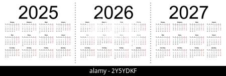 Griglia calendario per 2025, 2026 e 2027 anni. Semplice modello orizzontale in lingua russa. La settimana inizia da lunedì. Illustrazione vettoriale isolata attivata Illustrazione Vettoriale