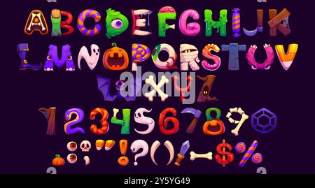 Font Halloween, cartoni animati malvagi, divertente carattere spaventoso, alfabeto spettrale di lettere e numeri dei mostri Helloween. Carattere tipografico vettoriale dei personaggi fantasma, zucca, pipistrello e mummia abc di Halloween Illustrazione Vettoriale