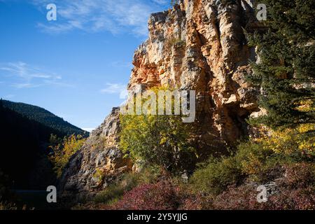 Paesaggio colorato accanto alla Kings Hill Scenic Byway, per gentile concessione di strati di roccia e sfumature d'autunno. Cascade County, Montana. Foto Stock