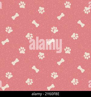 Zampa rosa e osso del cane sfondo vettoriale senza cuciture. Divertente sfondo canino diagonale con ossa. Le tracce di animali e il cibo si ripetono per la femmina di cane e. Illustrazione Vettoriale