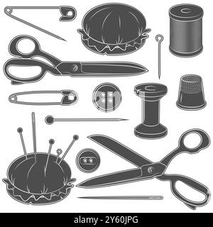 Serie di illustrazioni in bianco e nero con materiali di consumo per cucire. Oggetti vettoriali isolati su sfondo bianco. Illustrazione Vettoriale