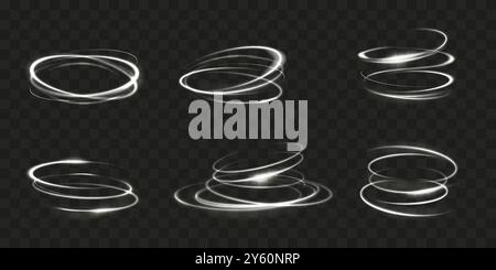 Turbolenza di luce. Effetto movimento di rotazione. Vortice circolare con linea bianca. Rotazione anelli. Riflesso a velocità circolare. Vortex Glow. Il tornado gira con scintille luminose. Torsione a spirale al neon sfocato. Set di elementi vettoriali Illustrazione Vettoriale