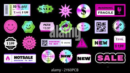 Adesivi Holo. Emoji Y2K. etichetta della spesa. Prezzo di vendita. Patch di sconto. Offerta del negozio. Simboli dell'ologramma del gradiente. Pittogrammi promozionali di marketing. Insegne di branco. Nuovo prodotto del negozio. Set di icone Vector retro (retro vettoriale) Illustrazione Vettoriale