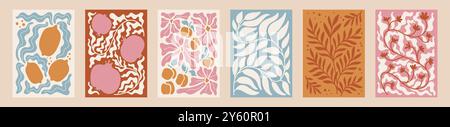 Sfondo al limone. Poster di Matisse. Arte astratta. Pittura di frutta vintage. Pesche e melograni. Foglie di agrumi. Fiori naturali. Texture estive. Forme irregolari botaniche. Set di carte floreali vettoriali Illustrazione Vettoriale